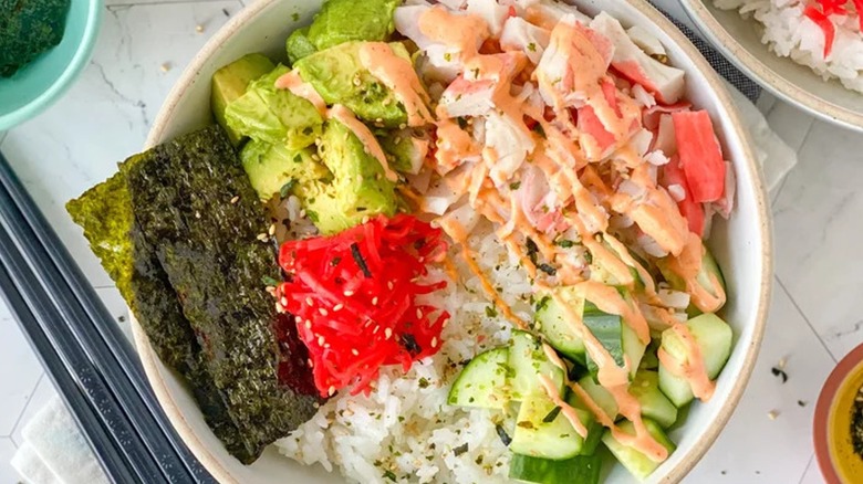 Top-down view of California roll poke bowl