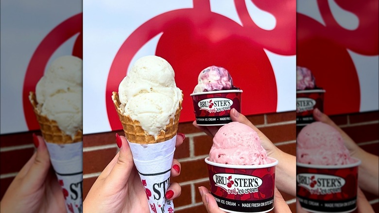 One cone and two cups of Bruster's non-dairy ice cream