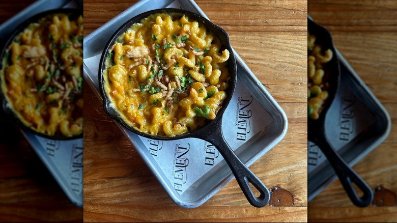 Skillet of vegan mac and cheese