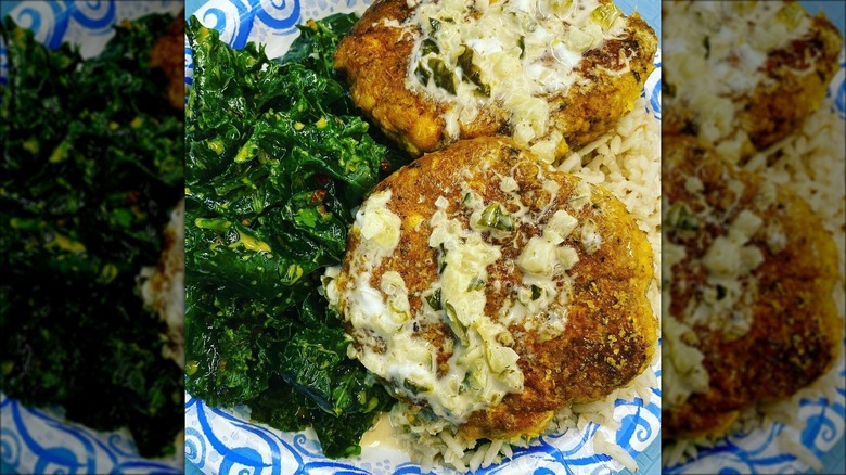 Mock fish cakes with greens and sauce