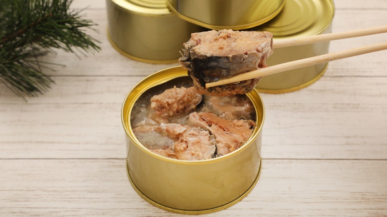 canned mackerel held with chopsticks