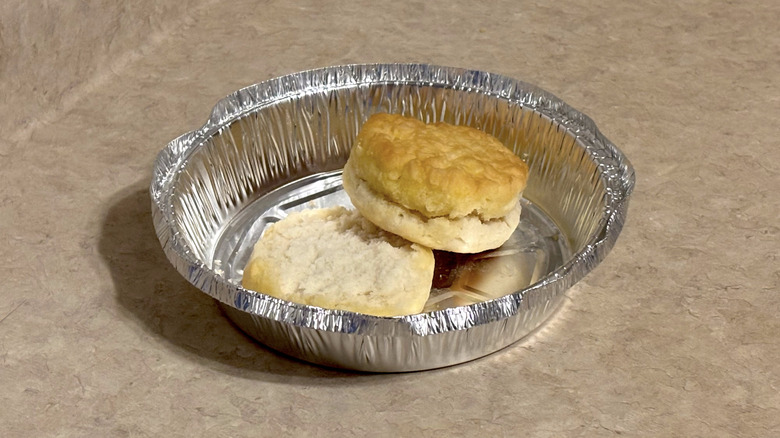 Denny's Biscuit in aluminum tin on neutral counter top