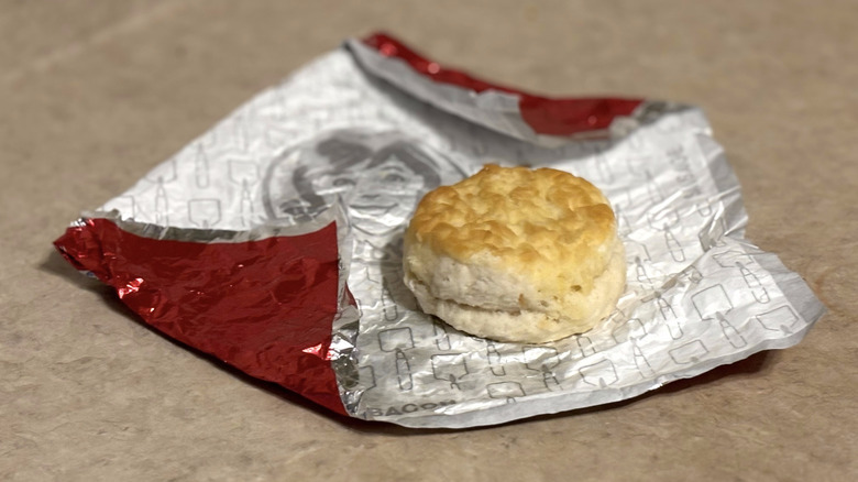 Wendy's biscuit on wrapper on neutral counter top