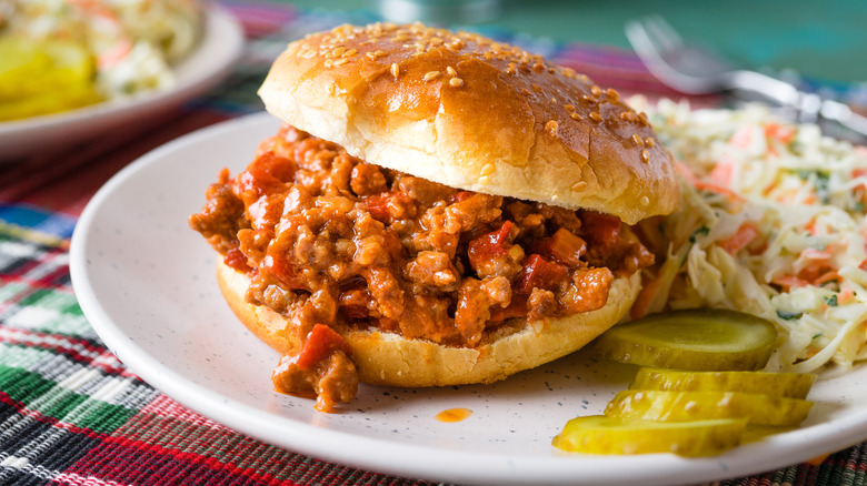 Sloppy Joe with cole slaw and pickles