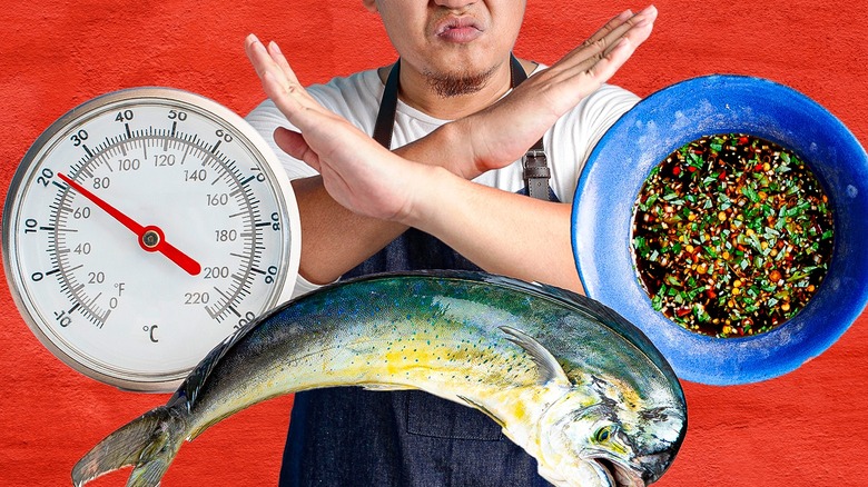 fish, thermometer, spices, chef