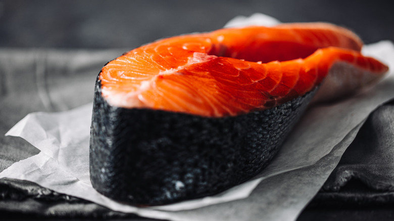 Salmon steak on counter