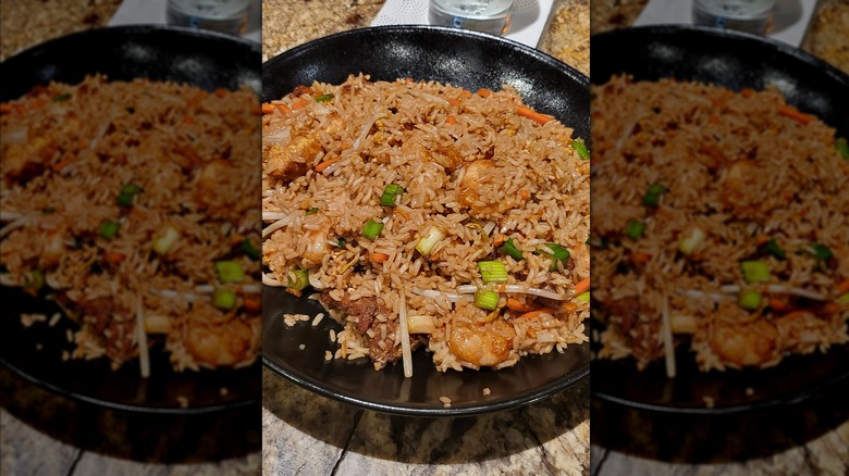 Fried rice in black bowl at P.F. Chang's