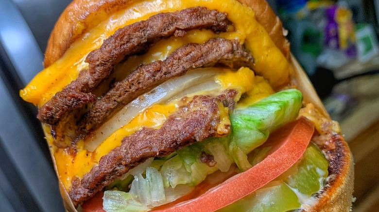 Person holding 3x3 Double-Double In-N-Out burger