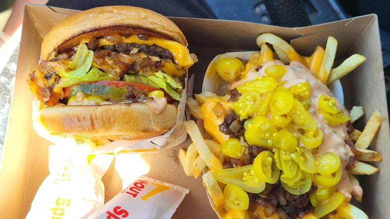 Double-Double meal with chopped chilis and animal style fries