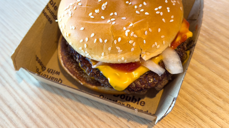 Close-up of McDonald's Double Quarter Pounder with cheese in package