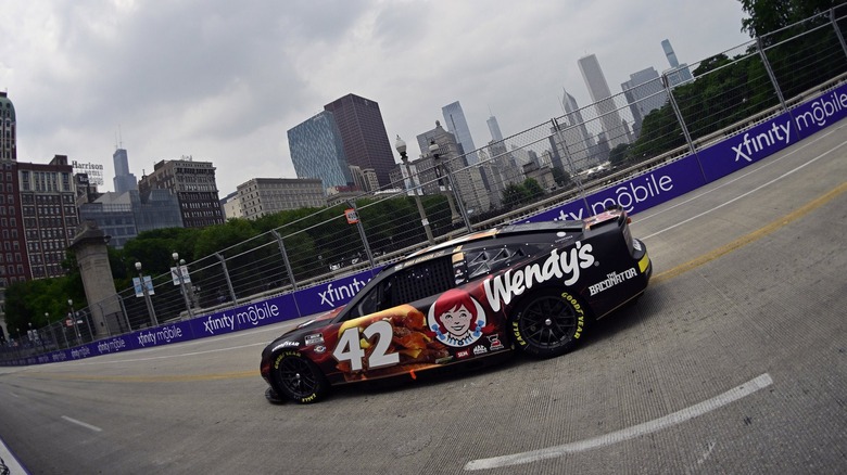 The Baconator NASCAR car on the road