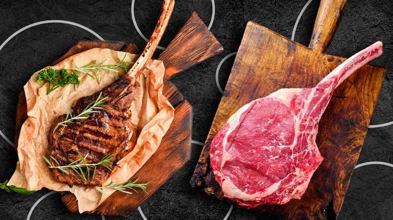 Grilled and raw tomahawk steak side by side on cutting boards