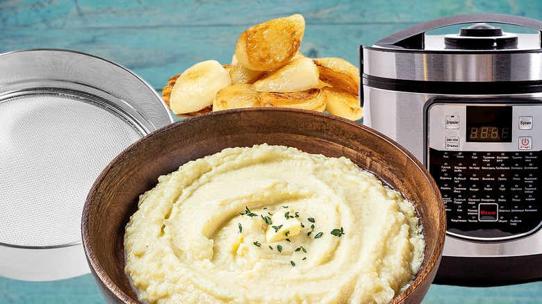 Mashed potatoes, slow cooker, colander, potato rolls