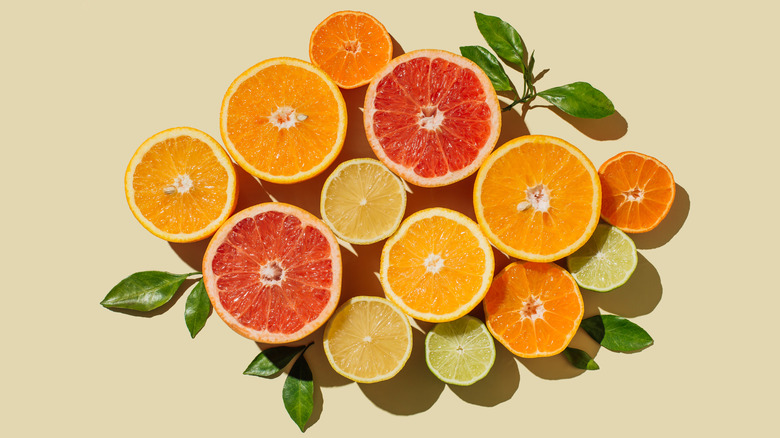 Cross sections of various citrus fruits