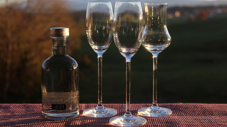 Bottle of grappa with four glasses and nature in the back