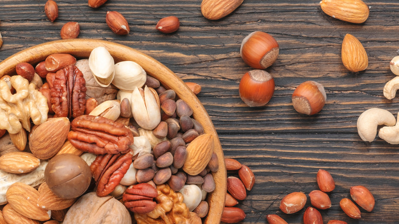 Nuts on wood surface