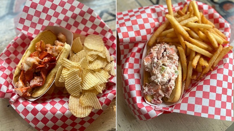 two lobster rolls on red checkered paper