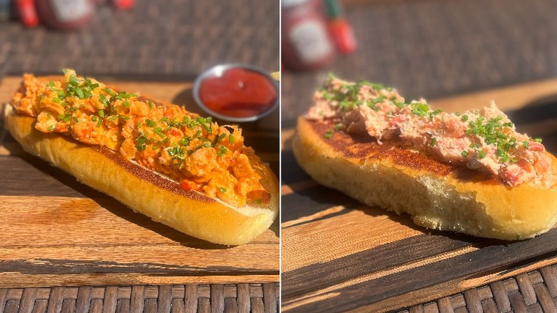 two lobster rolls on wooden plank