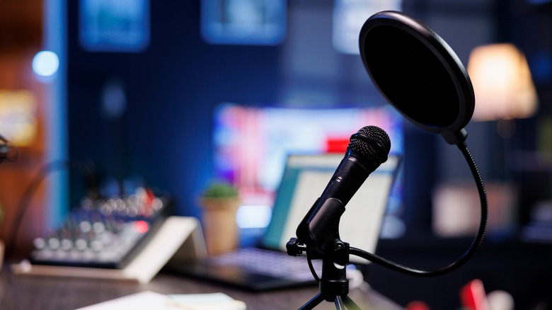 Microphone set up at podcast studio