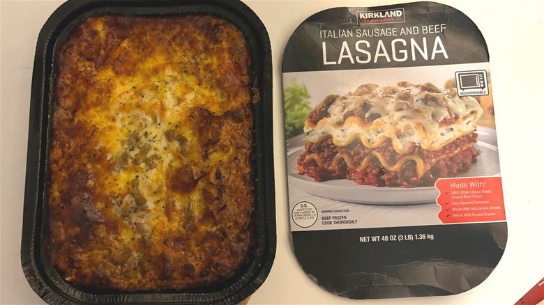 kirkland italian sausage beef lasagna next to box on table