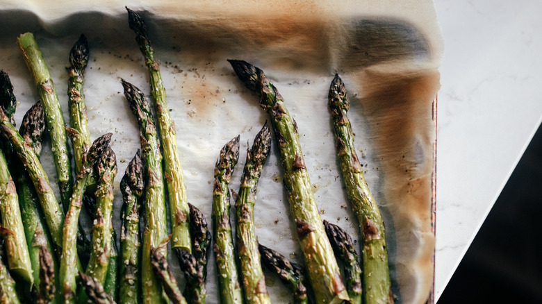 roasted asparagus on a sheet pan