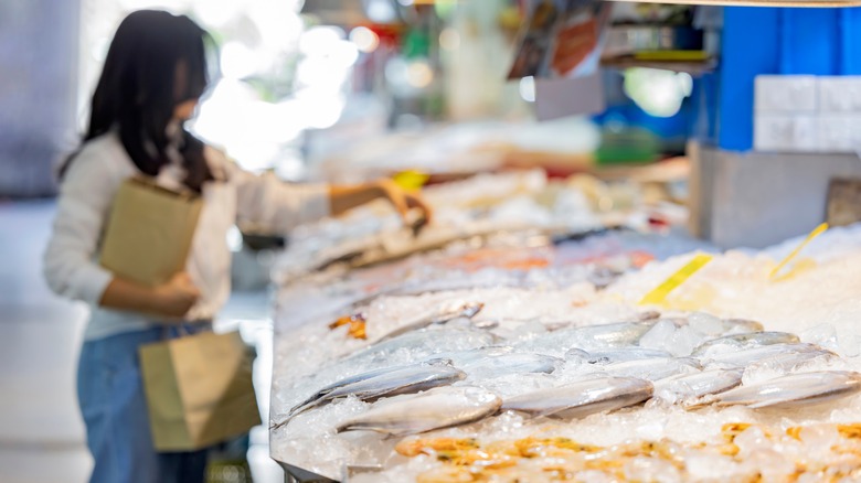 Seafood counter in grocery store