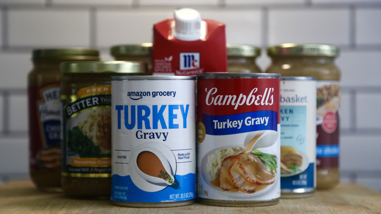 containers of gravy lined up