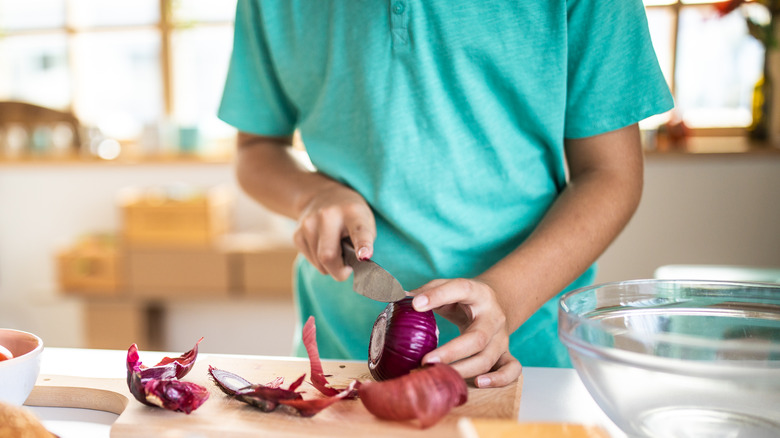 boy cutting red onions