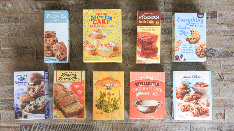 Boxed baking mixes on wood