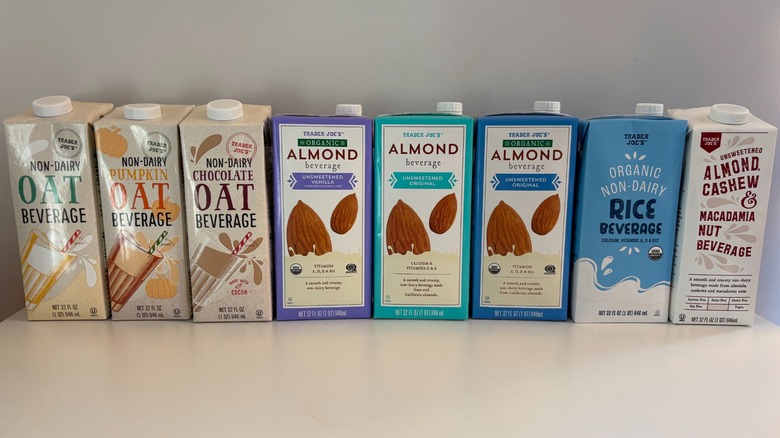 Line-up of Trader Joe's non-dairy beverages on a table