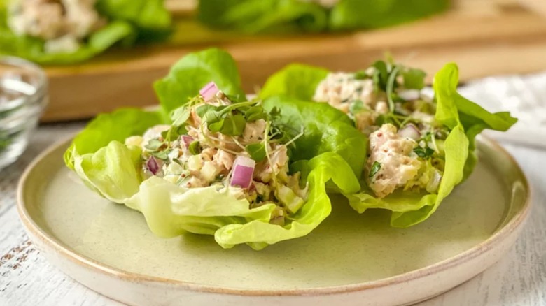 tuna salad in lettuce cups on plate