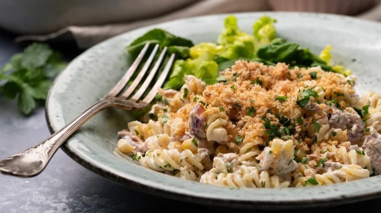 pasta, tuna, and breadcrumbs in bowl