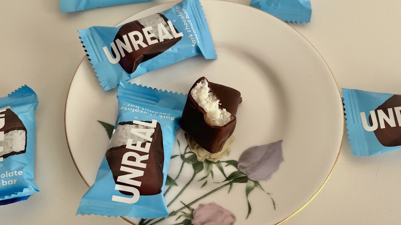 Unreal coconut chocolate bars on a plate