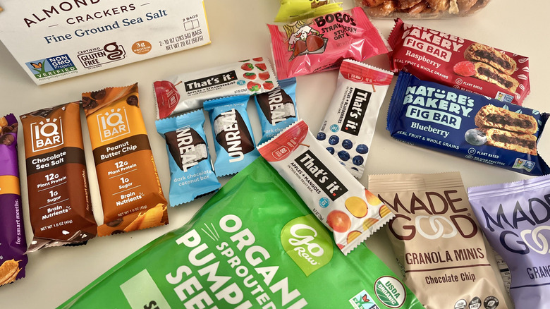 Different vegan snacks from Costco on a white table
