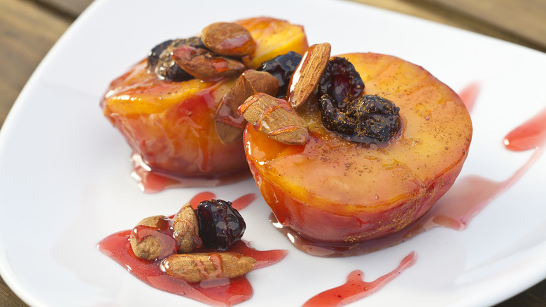 poached peaches in bowl