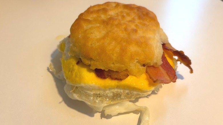 Wendy's Bacon Egg & Cheese Biscuit on white table