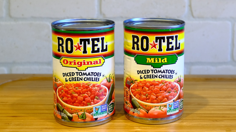 Cans of Ro-tel on counter