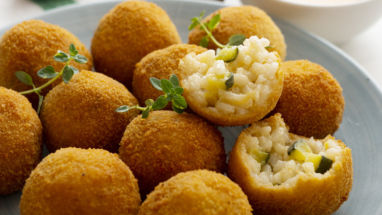 arancini in a blue dish