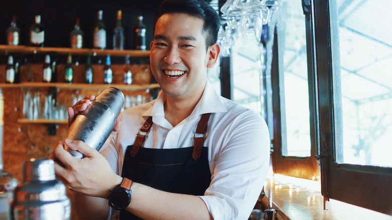 Bartender uses cocktail shaker 