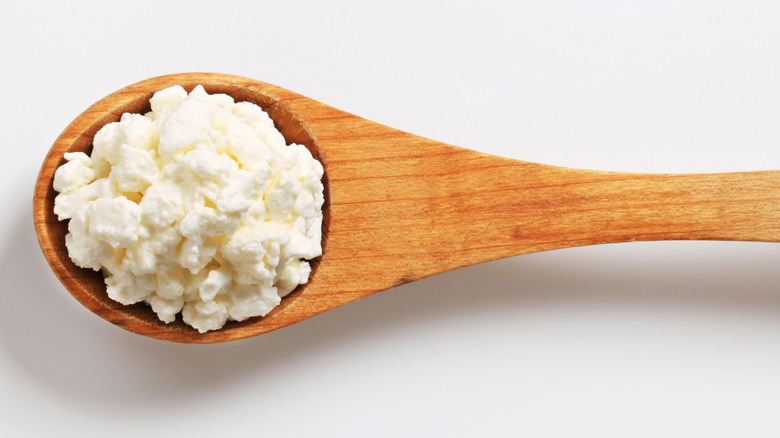 cottage cheese  on a wooden spoon