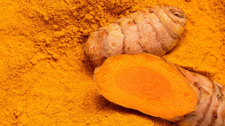 turmeric root in ground turmeric powder