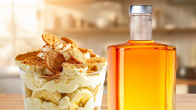 banana pudding and a bottle of bourbon