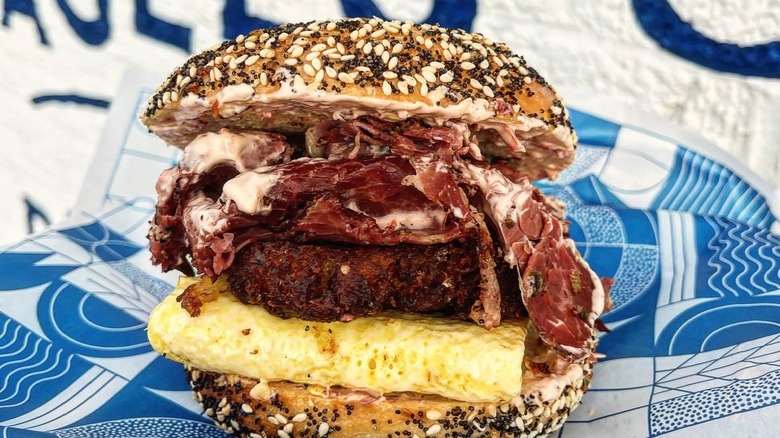 latke, egg, and pastrami bagel