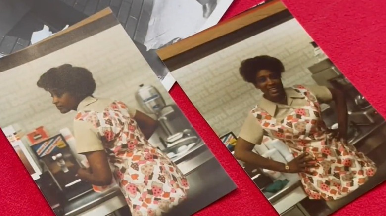 Two photos on red table of Edna Demery working at Dunkin' in the '70s