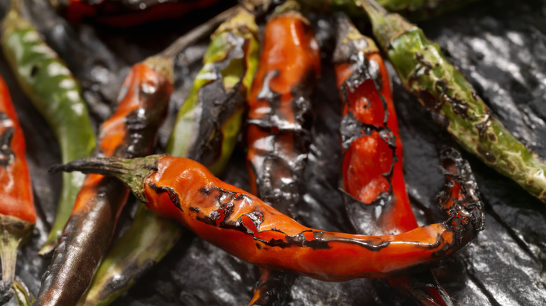 Roasted red and green chili peppers
