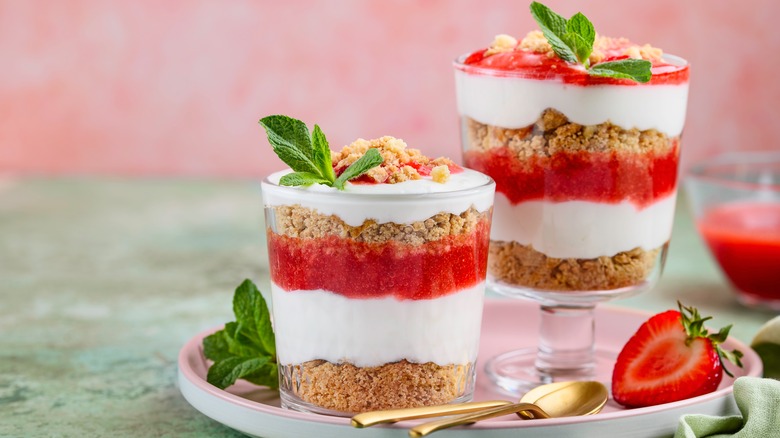 crumbled cookies in strawberry trifle