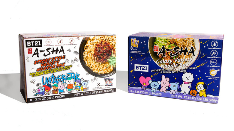 two BT21 and A-Sha noodles collaboration variety packs of dried noodle dishes