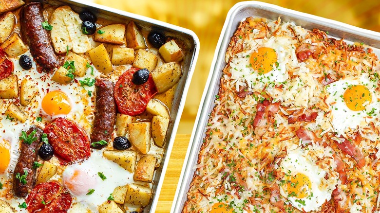 sheet pans with cooked breakfast items