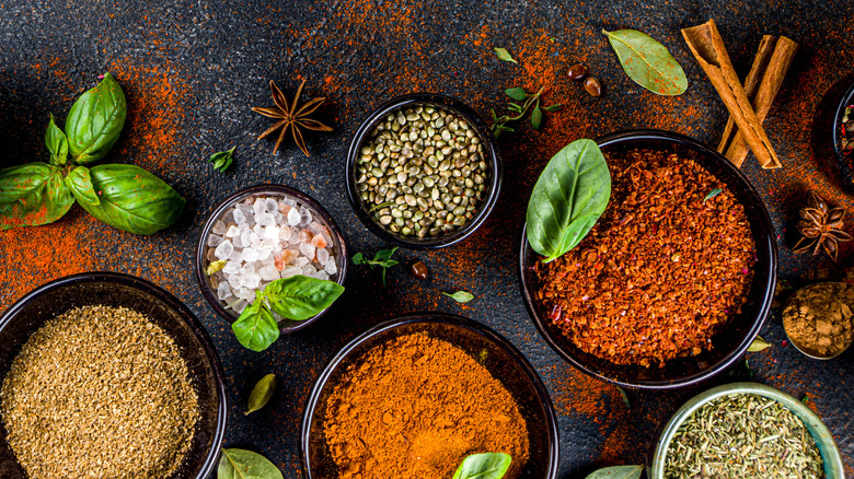 Bowls of spices and herbs