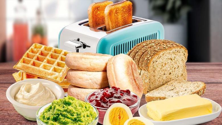 toaster, bread, waffles, breakfast bar condiments